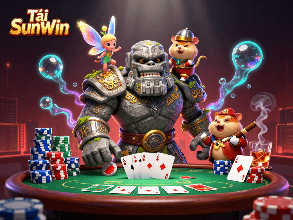 Tải SunWin showcases a vibrant 3D illustration of a casino scene featuring a golem, fairy, and hamster knight gaming at a poker table.