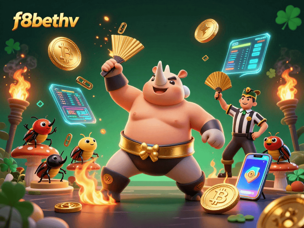 Engage with f8bethv's vibrant casino experience featuring a rhinoceros beetle champion amidst golden coins.