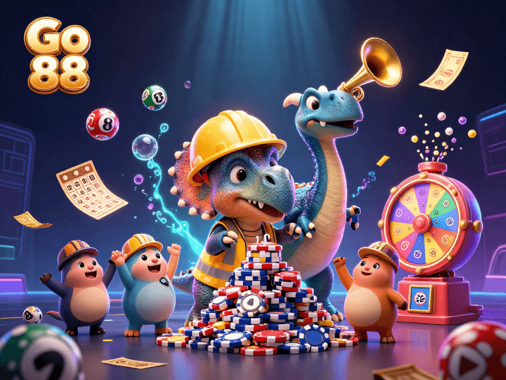 Go 88's vibrant celebration scene with cartoon dinosaurs and colorful lottery elements