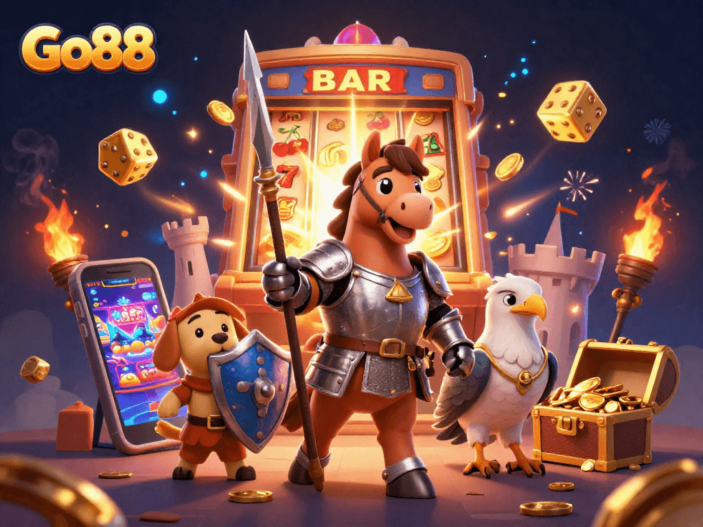 Engage with Go88's thrilling casino atmosphere featuring vibrant games and lucky symbols.