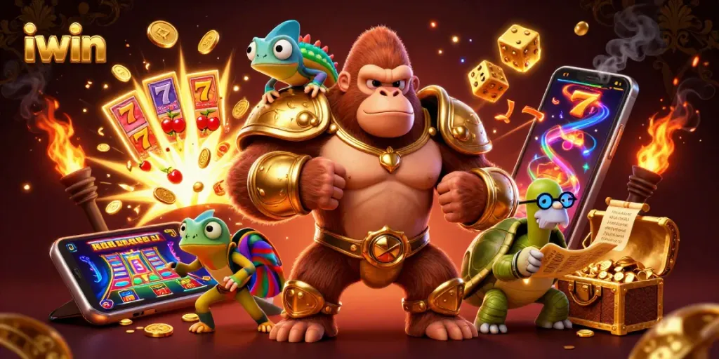 Play dynamic iwin casino games with exhilarating characters and rich winnings depicted in a vibrant illustration.