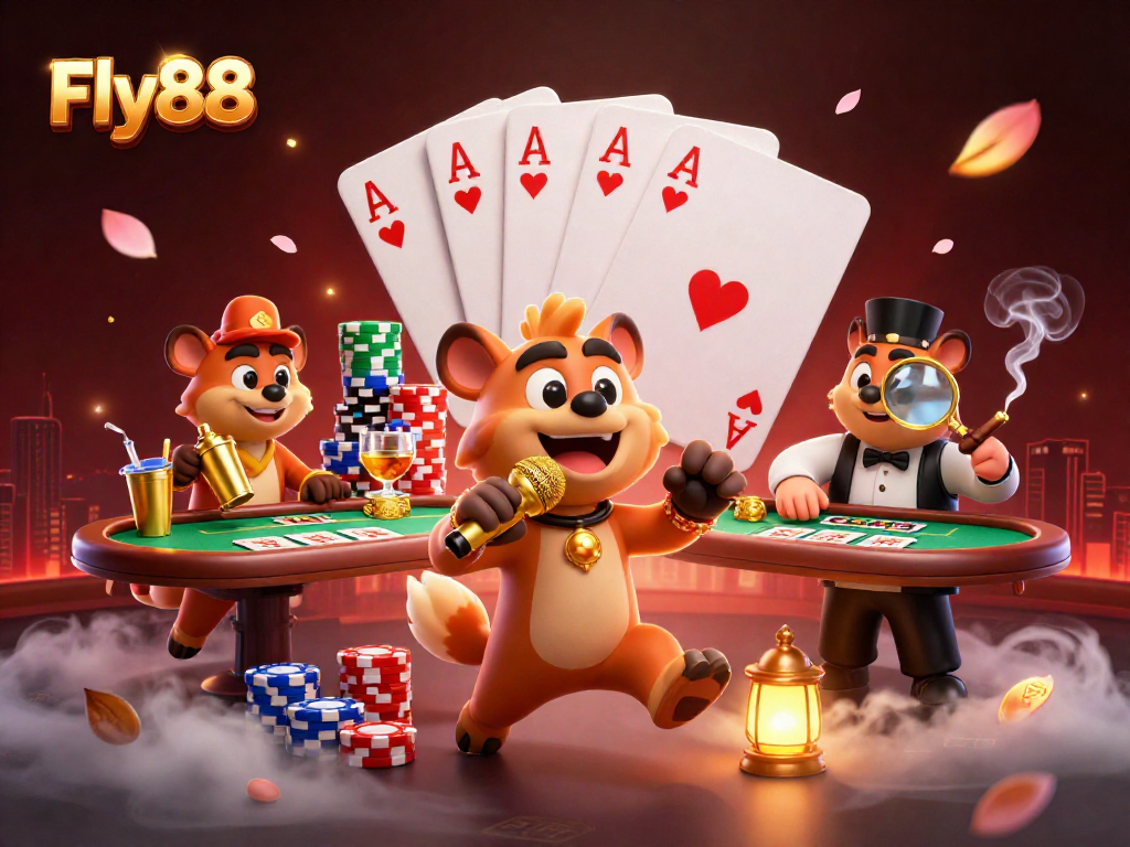 Experience Fly88's vibrant casino action with lively hyenas in an electrifying club setting.