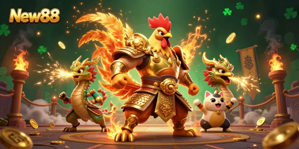 Experience thrilling gameplay at New88 with a dynamic scene featuring a samurai rooster and dragon hatchling.