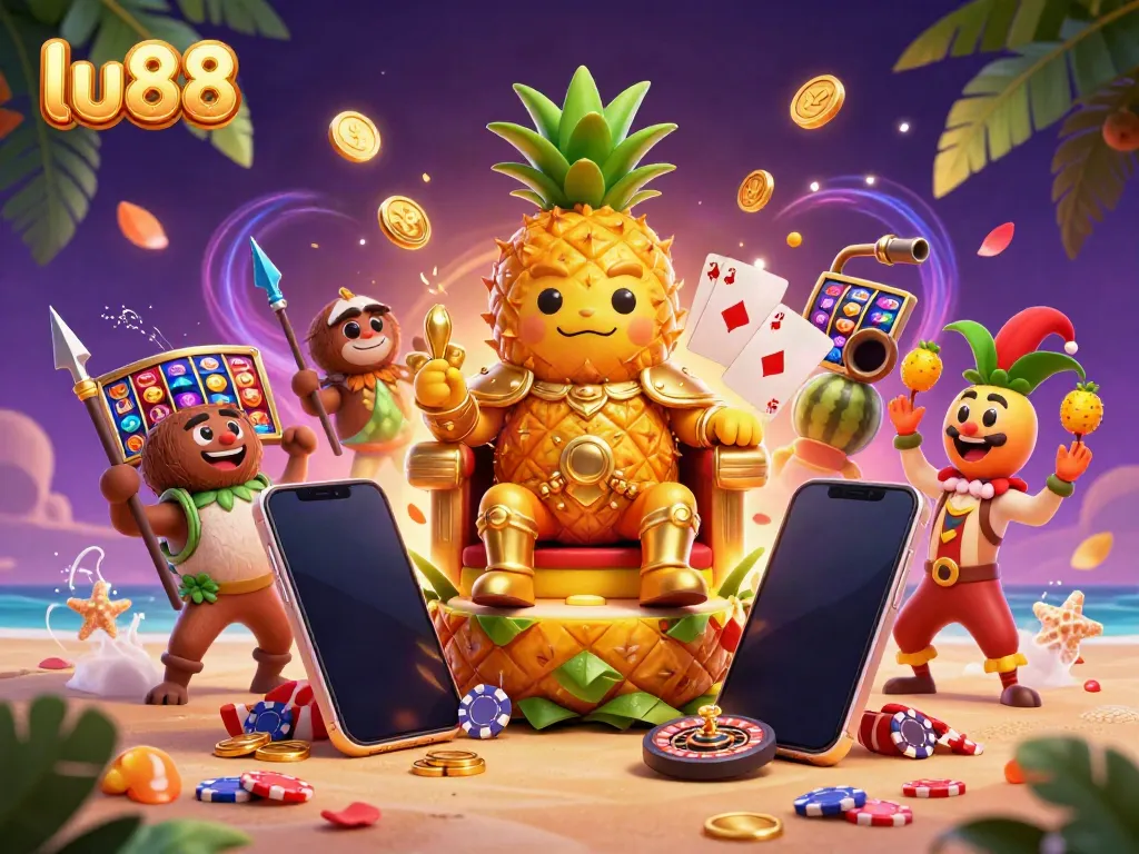 Experience engaging casino action with lu88 featuring a golden pineapple king and vibrant game elements.