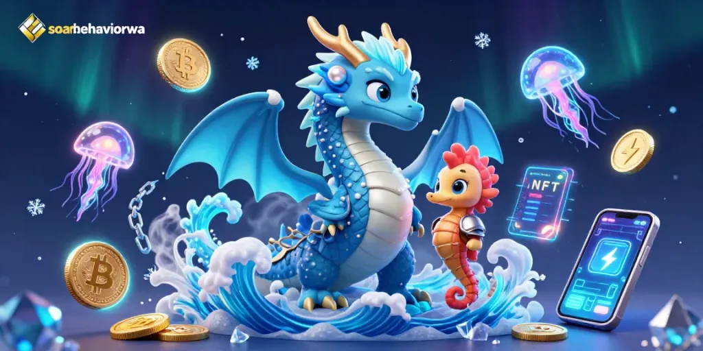 Engage with soarbehaviorwa's vibrant 3D scene featuring a water dragon and seahorse knight amidst neon gaming elements.