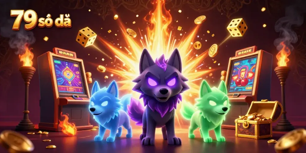 Witness the thrilling action at 79 số đỏ with a wolf pack leader and slot machine bursting with coins.