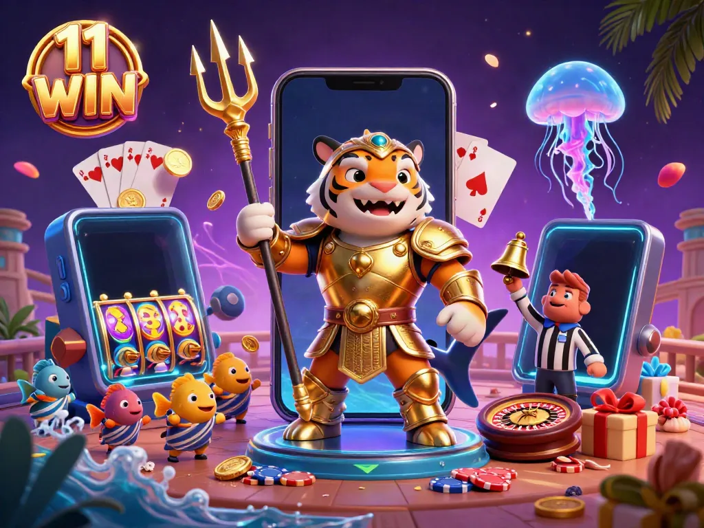 Engage in the thrilling underwater casino adventure at 11 WIN with a golden tiger shark, vibrant slot games, and animated characters.