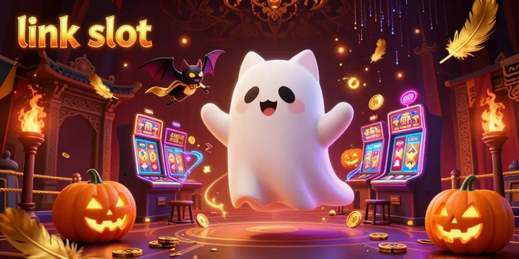 Experience the thrill of link slot gaming with a ghost cat and vampire bat amid glowing slots and festive jack-o-lanterns.
