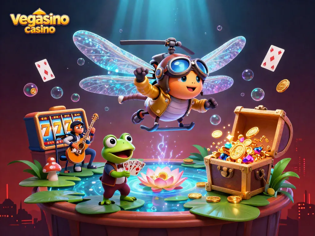 Engage with vegasino casino’s vibrant scene featuring a dragonfly pilot and a frog croupier.