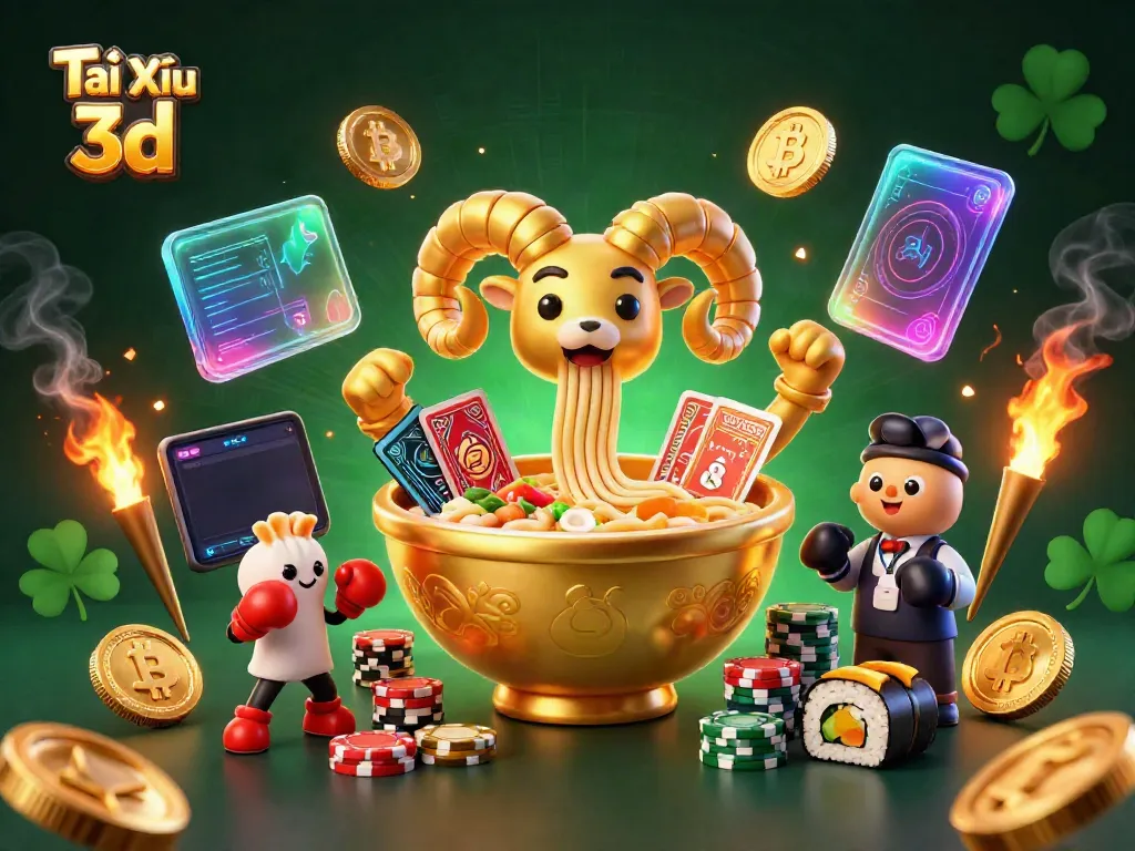 Experience the dynamic play of Tài Xỉu 3d with a vibrant 3D cartoon scene showcasing a golden ramen bowl dealing cards amidst crypto coins.