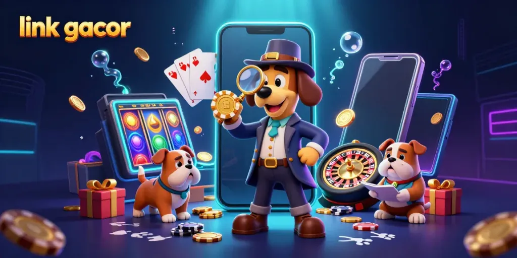 Engage with the vibrant scene of link gacor featuring a detective exploring casino clues amidst colorful slot games and treasures.
