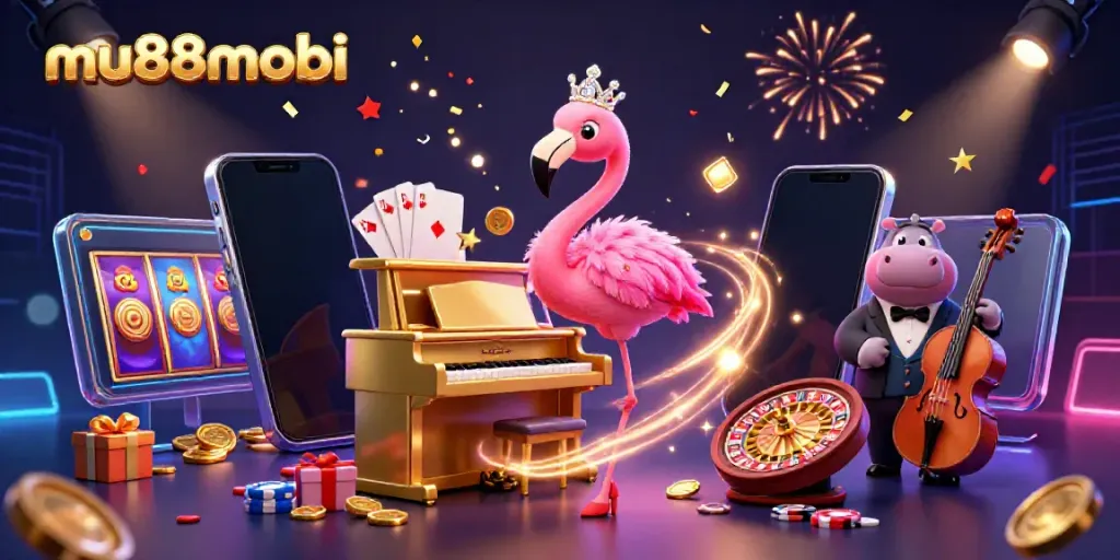 Experience gaming excitement with mu88mobi as a vibrant flamingo singer and hippo bassist perform, surrounded by casino elements.