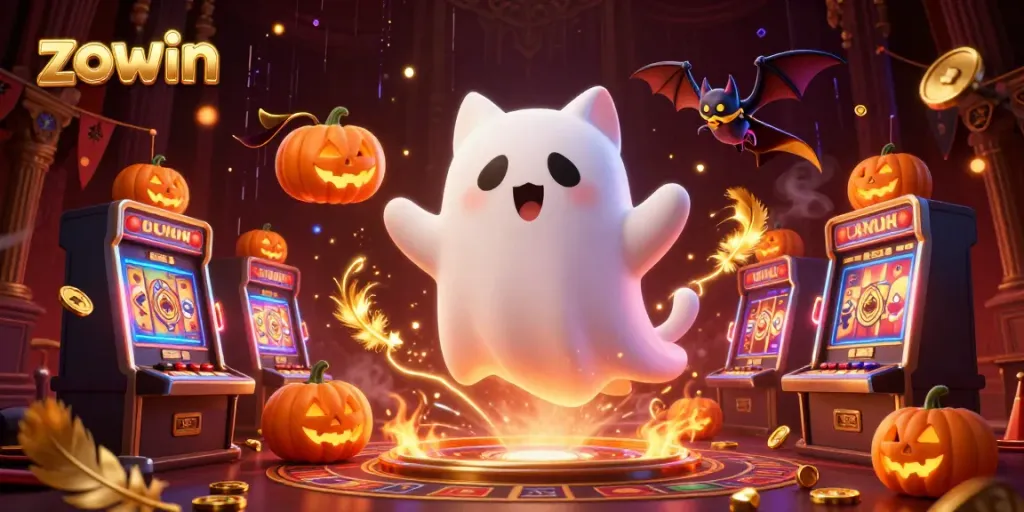Zowin's ghost cat and bat companion explore a haunted casino, surrounded by slot machines and glowing decor.