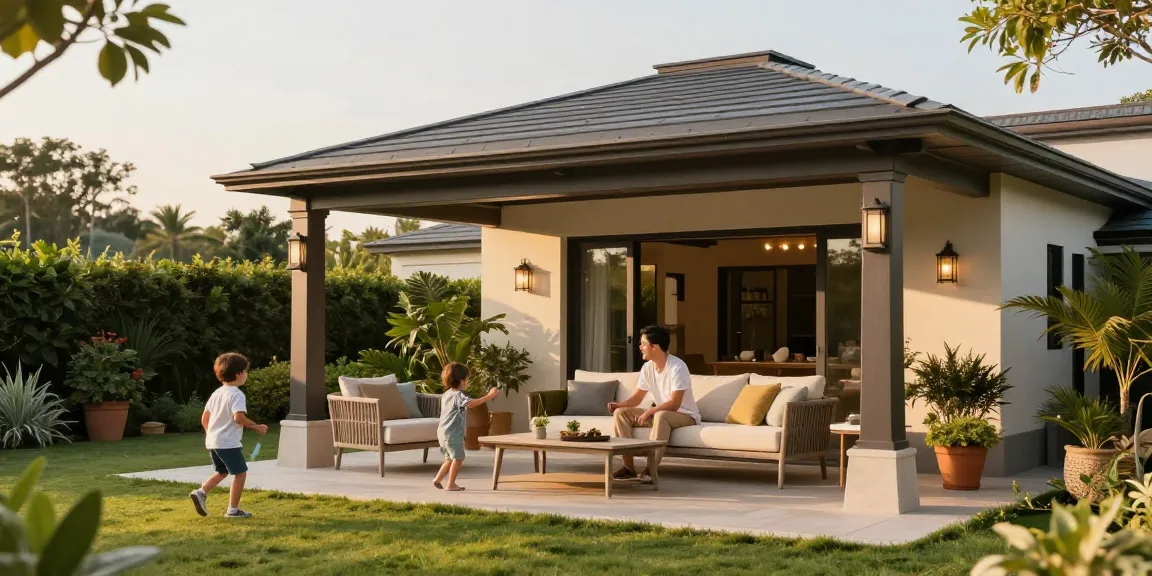 Freistehende Terrassenüberdachung in einem einladenden Garten, ideal für Familienzeit.