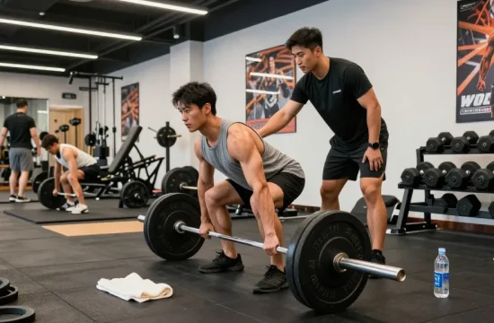 Anabolikashop: Bodybuilder beim Heben einer Langhantel im modernen Fitnessstudio mit motivierenden Postern im Hintergrund.