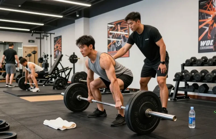 Anabolikashop: Bodybuilder beim Heben einer Langhantel im modernen Fitnessstudio mit motivierenden Postern im Hintergrund.