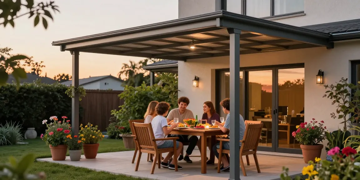 Moderne Terrassenüberdachung schützt Familie beim Abendessen im Garten.