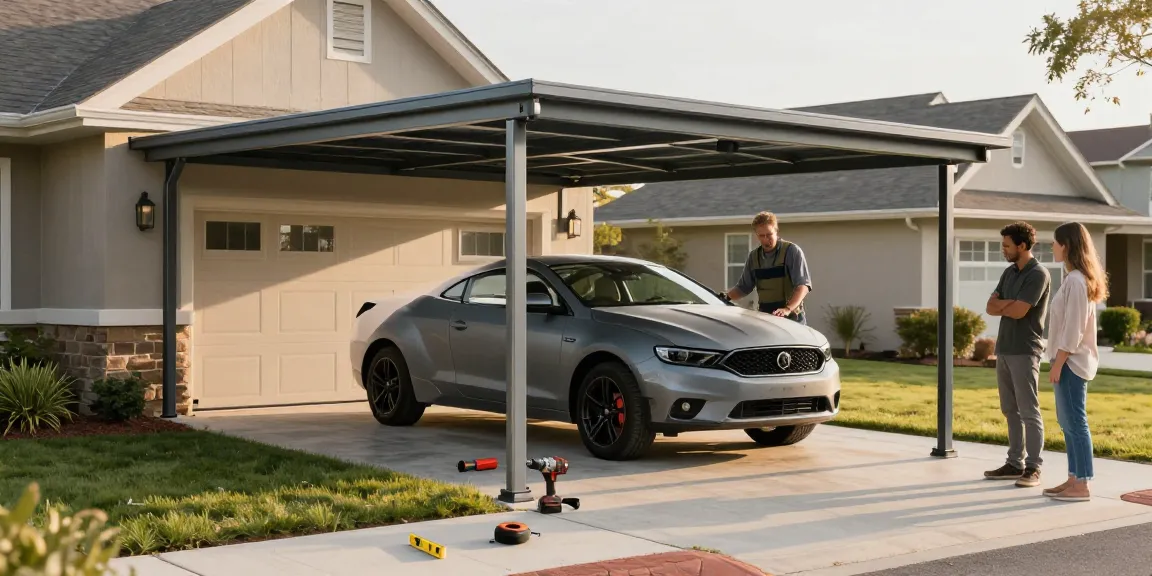 Moderne Carport-Installation mit Schutz für Fahrzeuge und Handwerkern im Hintergrund.