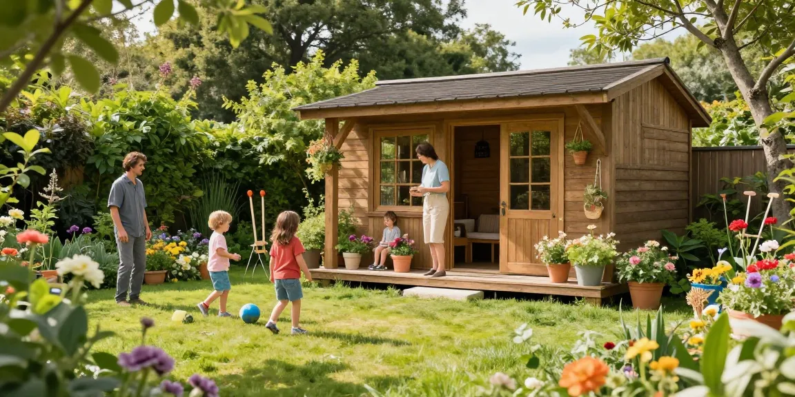 Gartenhaus in einer einladenden Gartenlandschaft, umgeben von Blumen und Spielzeugen für Kinder.