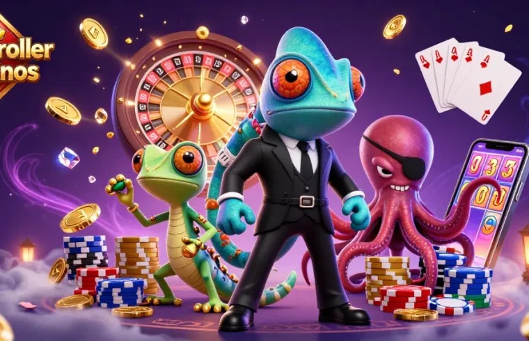 Explore high roller casinos with a vibrant scene including characters, cards, and coins.